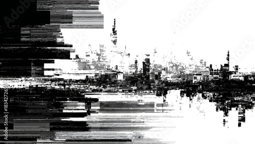 Abstract black and white city skyline with modern digital glitch pixel effect Vector, illustration