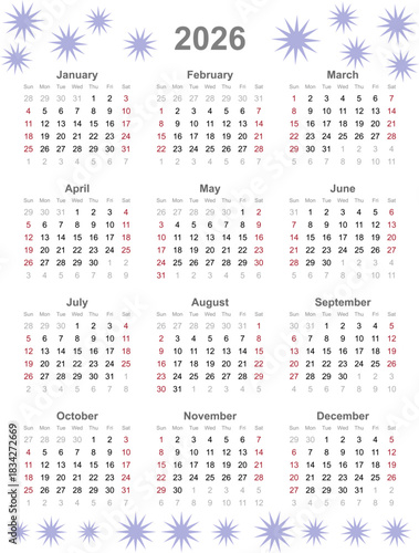 Calendar vector template for 2026 year. Week Starts on Sunday. Transparent background EPS version.