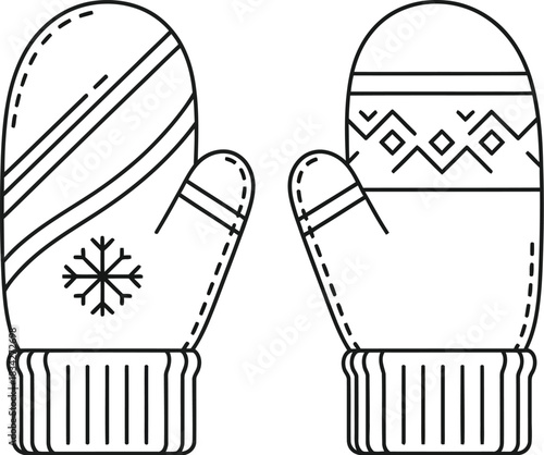 Two winter mittens with snowflake and geometric patterns on a white background
