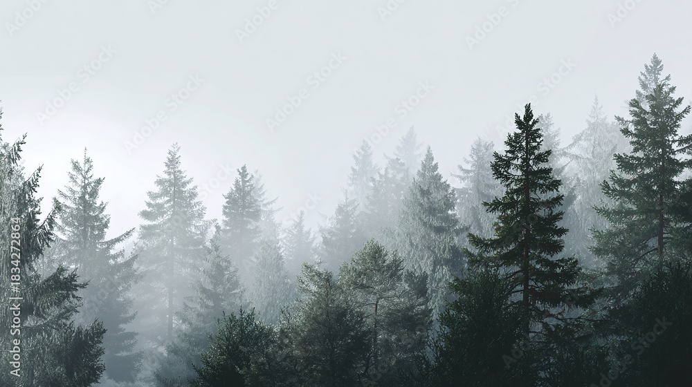 Naklejka premium A misty forest filled with evergreen trees. The atmosphere is quiet and serene, with the fog adding to the mystery