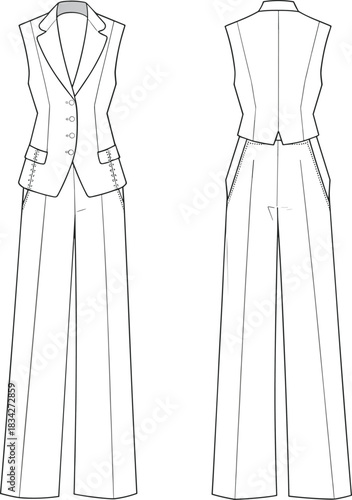 Women's sleeveless suit with wide leg pants front and back views Keywords: suit, women's suit, sleeveless, vest, blazer, wide leg