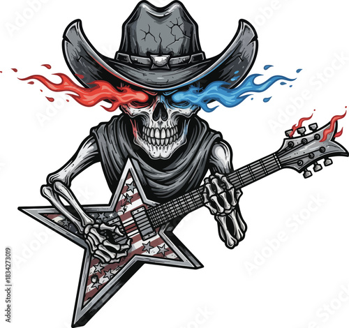 Skull cowboy rockstar with guitar in patriotic design and colorful flames illustration perfect for music lovers