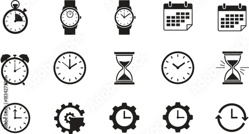 Time management concept icons set stopwatch alarm clock calendar hourglass