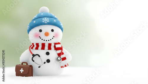 Snowman in a blue beanie and scarf, with stethoscope and medical bag in winter setting during holiday season