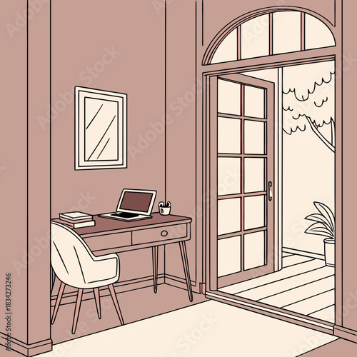 Illustration of a home office space with laptop and books on desk next to open french door