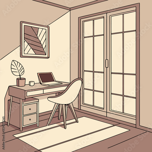 Modern isometric home office with laptop desk chair and sliding glass doors vector illustration