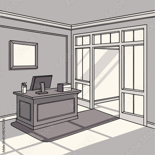 Isometric office interior with large desk computer and window vector illustration
