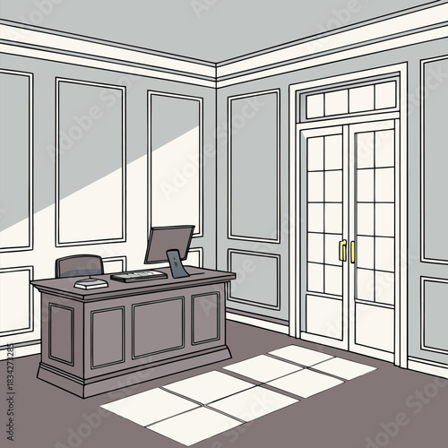 Isometric luxury office interior with executive desk and french doors vector illustration
