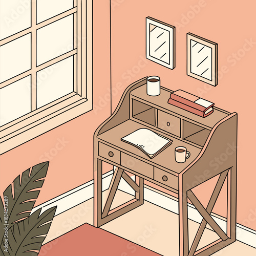 Illustration of a traditional wooden secretary desk in a room with a large window