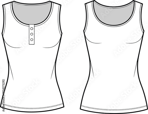 Women's Tank Top with Henley Neckline Front and Back View Flat Fashion Sketch women's top sleeveless top