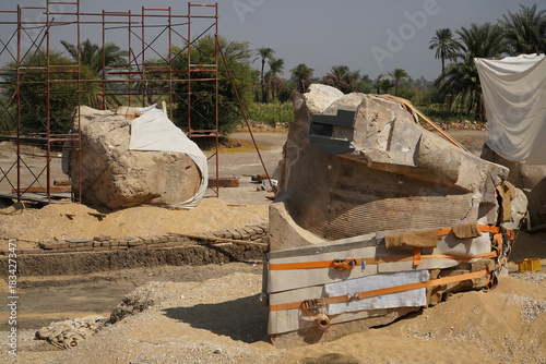 Conservation Work at the Temple of Amenhotep III from the 18th Dynasty of Ancient Egypt. Thebes, Nile Valley, Al Bairat Qarna, Egypt, Northern Africa.