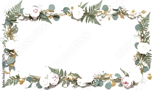 Floral frame with roses and eucalyptus leaves on a white textured background
