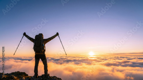 Man mountaineer celebrates success on mountain top above clouds at sunset. Concept of achievement, growth, freedom, adventure journey.