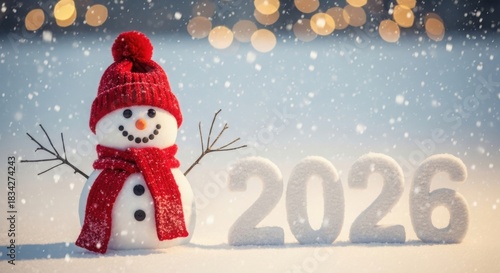 Cute snowman with 2026 numbers in snowy winter scene