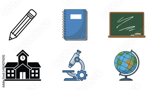 Educational icons representing learning tools and institutions