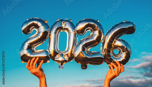 Hands holding silver foil balloons spelling out the year 2026 against a blue sky