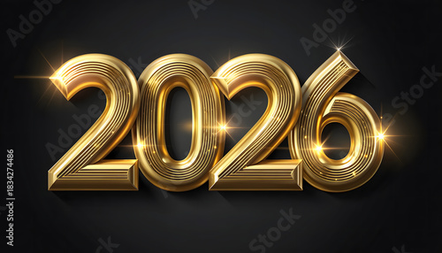 Luxury gold 3d numbers 2026 with sparkling lights on a black background