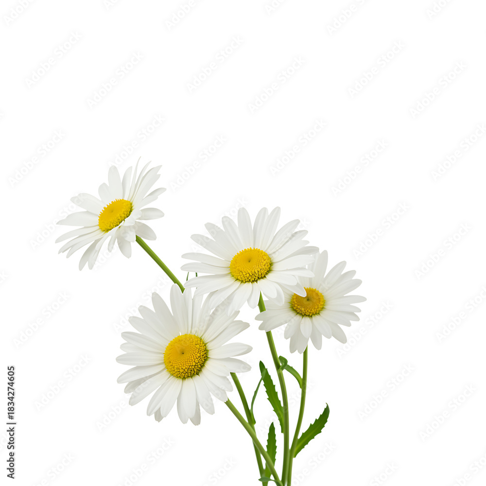 Obraz premium Beautiful white daisy flowers with yellow centers on a black background