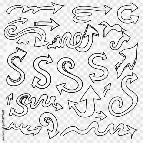 Hand drawn arrow collection in black and white on transparent background