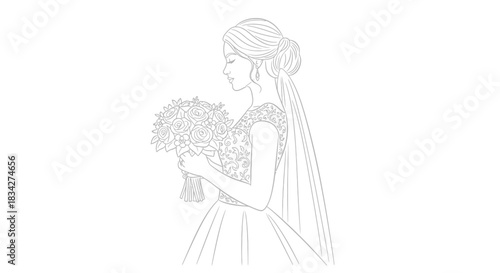 Elegant bride holding a bouquet in a detailed line drawing on a white background