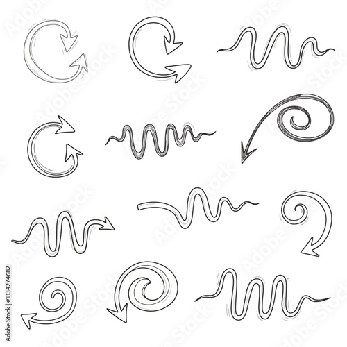 Hand drawn arrow collection with circular wavy and spiral designs