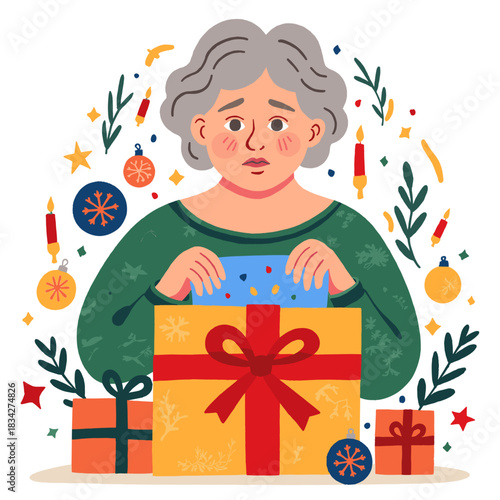Christmas person with bad gift. Christmas elderly person with bad gift. Elderly person with bad christmas gift. Christmas elderly woman with bad gift.