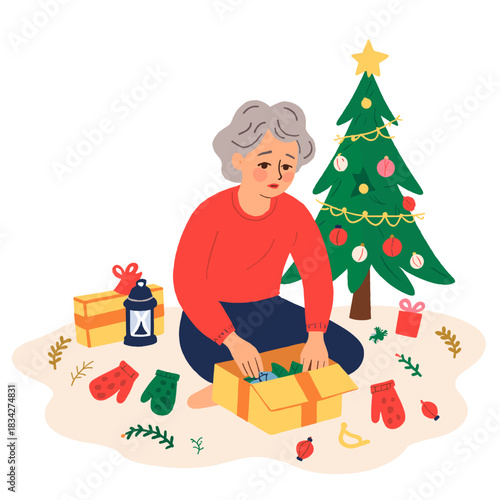 Christmas person with bad gift. Christmas elderly person with bad gift. Elderly person with bad christmas gift. Christmas elderly woman with bad gift.