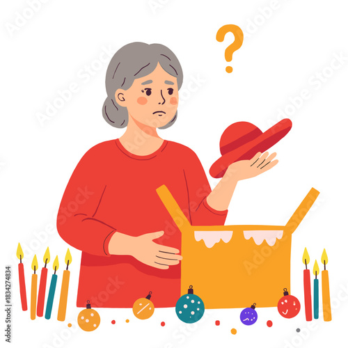 Christmas person with bad gift. Christmas elderly person with bad gift. Elderly person with bad christmas gift. Christmas elderly woman with bad gift.