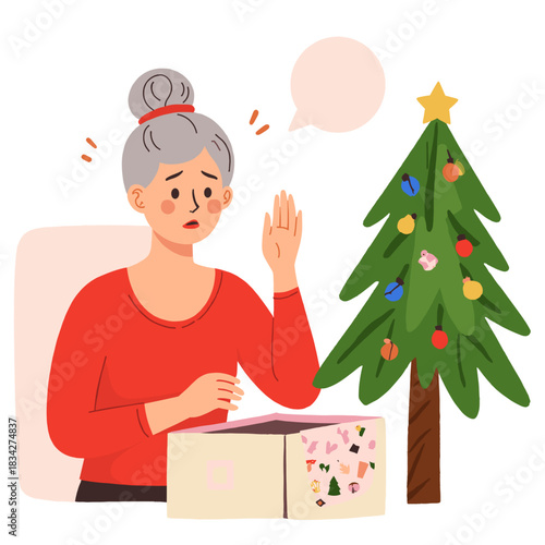 Christmas person with bad gift. Christmas elderly person with bad gift. Elderly person with bad christmas gift. Christmas elderly woman with bad gift.