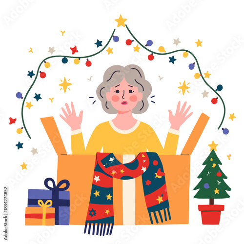 Christmas person with bad gift. Christmas elderly person with bad gift. Elderly person with bad christmas gift. Christmas elderly woman with bad gift.