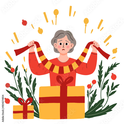 Christmas person with bad gift. Christmas elderly person with bad gift. Elderly person with bad christmas gift. Christmas elderly woman with bad gift.