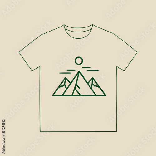 T-shirt design featuring a minimalist mountain range and sun.