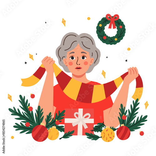 Christmas person with bad gift. Christmas elderly person with bad gift. Elderly person with bad christmas gift. Christmas elderly woman with bad gift.