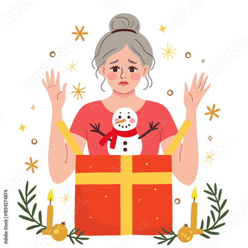 Christmas person with bad gift. Christmas elderly person with bad gift. Elderly person with bad christmas gift. Christmas elderly woman with bad gift.