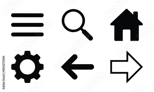 Collection of six common user interface icons in black silhouette