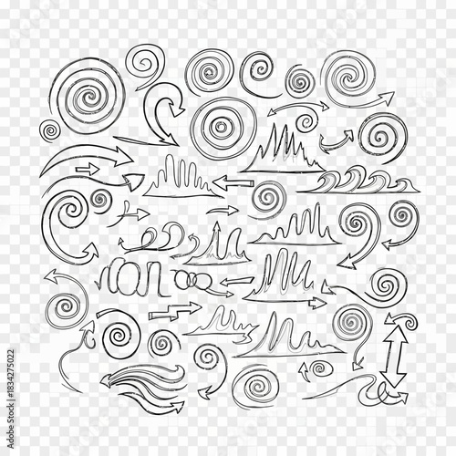 Hand drawn arrows and spirals doodle set on transparent background