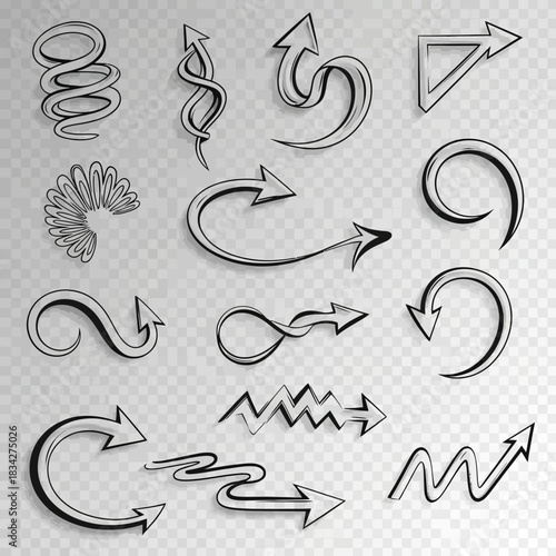 Set of hand drawn arrow illustrations in silver metallic style on transparent background