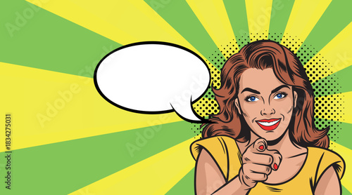 Pop art style girl smiling and showing with speech