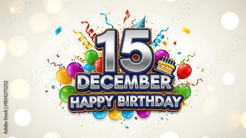 Celebrate a magical 15th December birthday with joyous balloons, cake, and festive confetti decorations