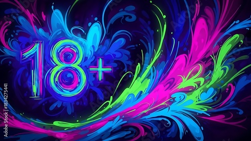 Eighteen plus celebration design with vibrant neon colors for party invitation or birthday announcement background