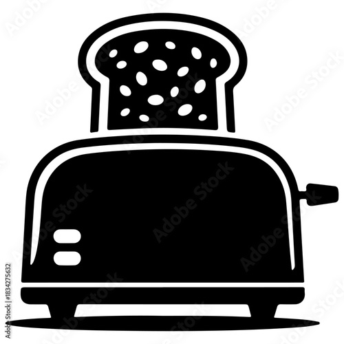 Black and white toaster silhouette with slice of bread rising in simple kitchen appliance illustration