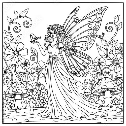 Fairy garden adventure: coloring book page
