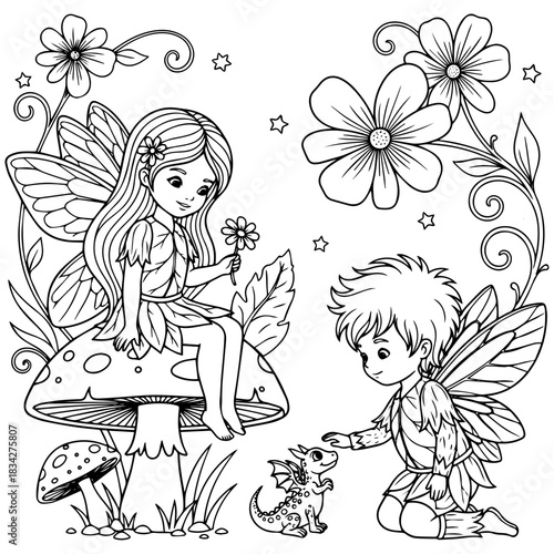 Fairy garden adventure: coloring book page