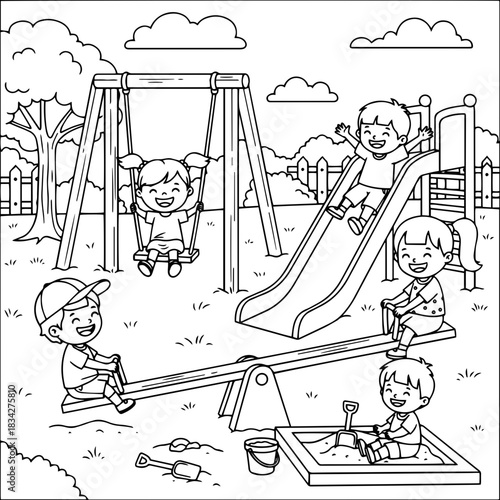 children playing on the playground for coloring page, kids, back to school