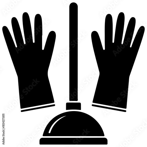 Silhouette illustration of a plunger and rubber gloves, symbolizing cleaning, sanitation, and household maintenance in a simple minimalist graphic style.