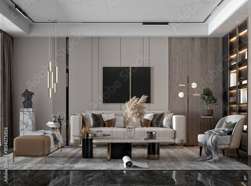 3d render luxury house interior living room