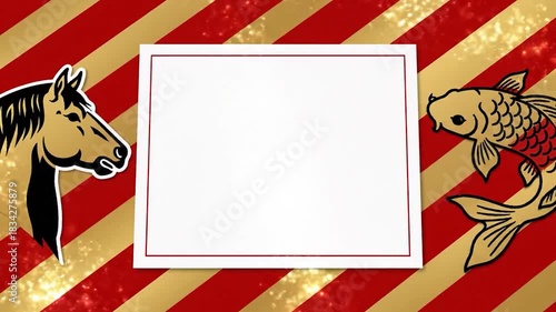 Traditional Chinese New Year Horse and Koi Fish Greeting Card Background.