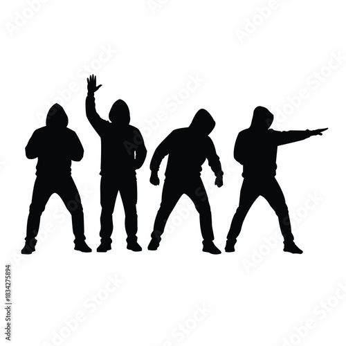 Black silhouettes of four young men wearing hoodies in various standing and aggressive poses isolated on a white background