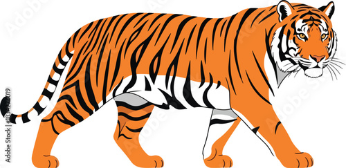 Stylized orange and black striped tiger walking right against a white background