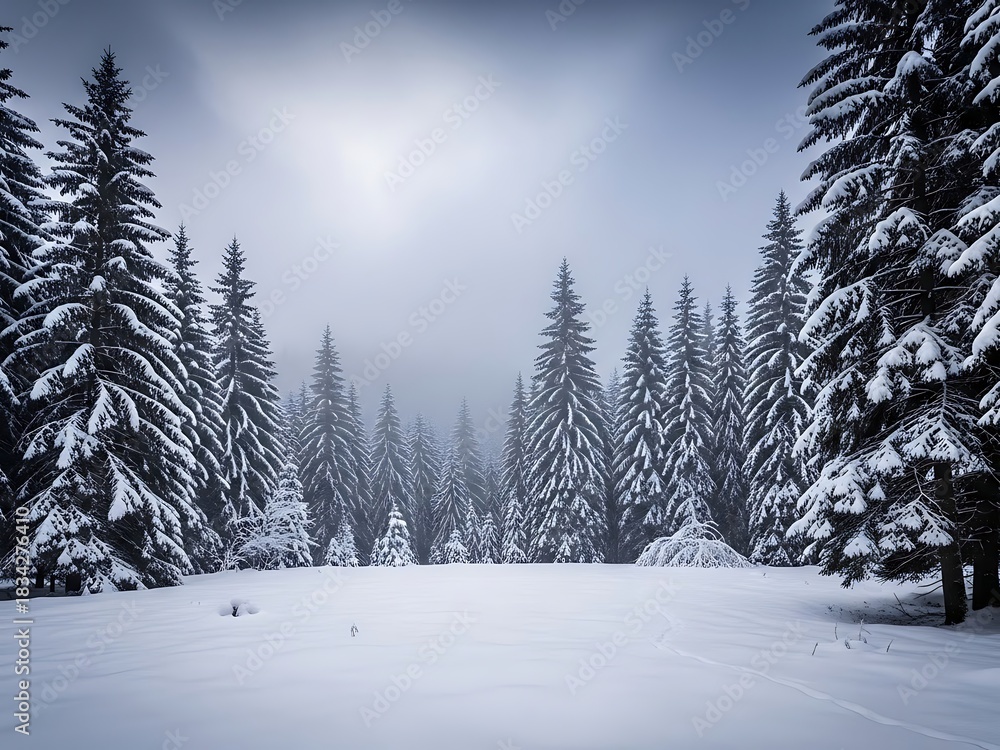 Naklejka premium Dense evergreen forest covered in fresh snow under a moody, overcast winter sky, creating a serene and cold natural landscape scene